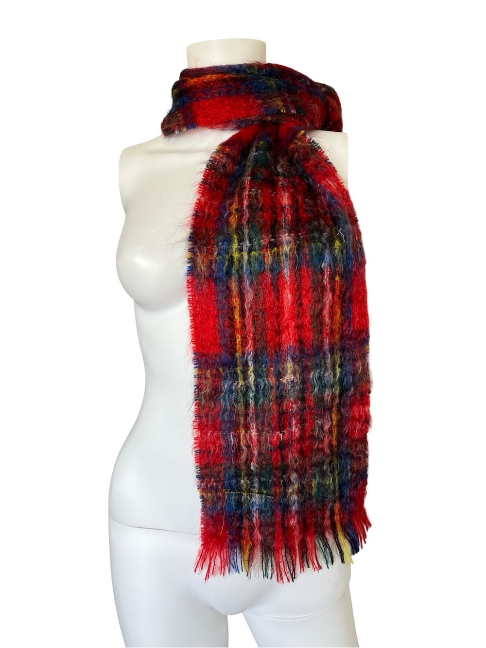 Vintage Pitlochry Royal Stewart Plaid Mohair Scarf Red Blue Fuzzy Fringe
